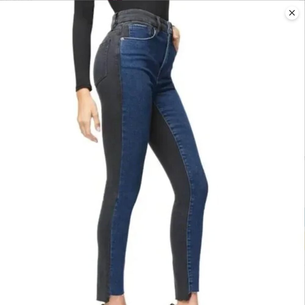 Good American Blue + Black Contrast Good Waist Jeans w/ Step Raw Hem NWT